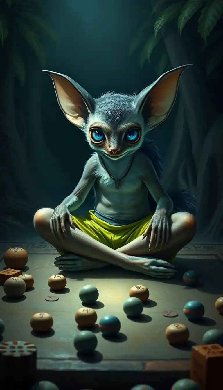 Mystical lemur playing go in a shadowy jungle clearing