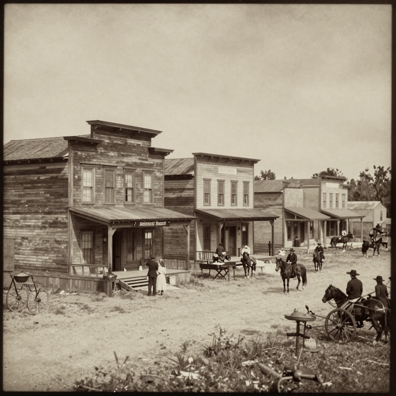 Sepia frontier town street with wooden saloon and hotel
