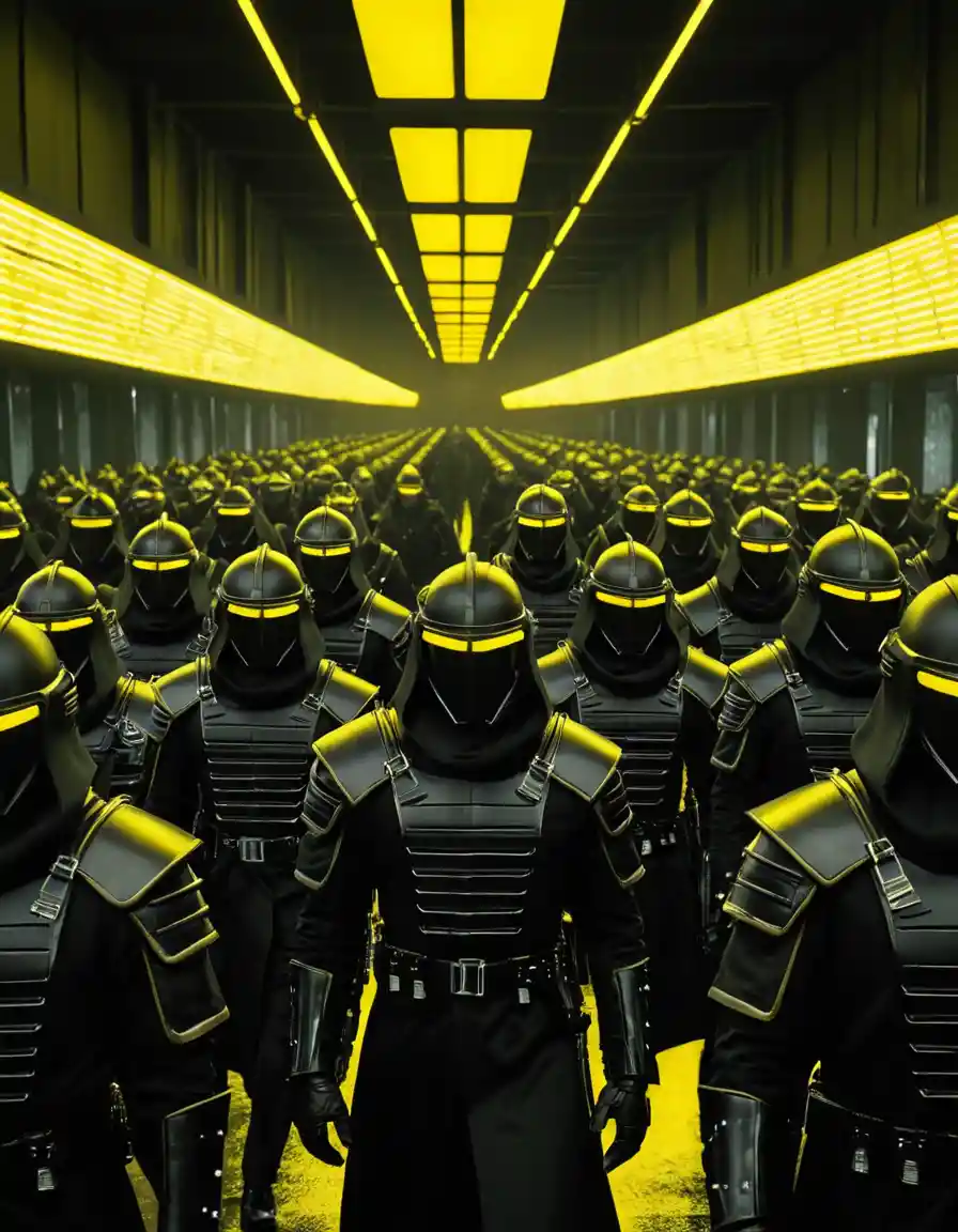 Futuristic army of soldiers marching through neon lit base