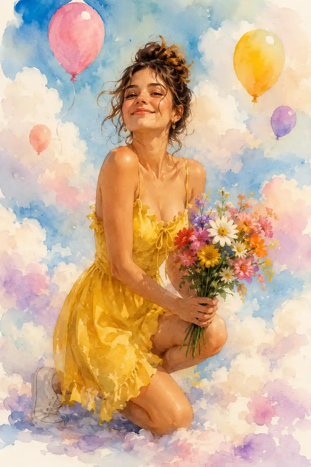 Joyful girl kneeling in a dreamy watercolor scene