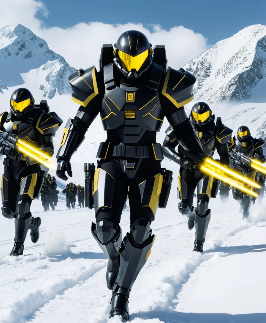 Futuristic soldiers charging across a snowy battlefield