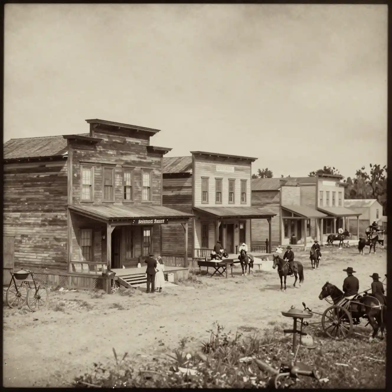 Sepia frontier town street with wooden saloon and hotel
