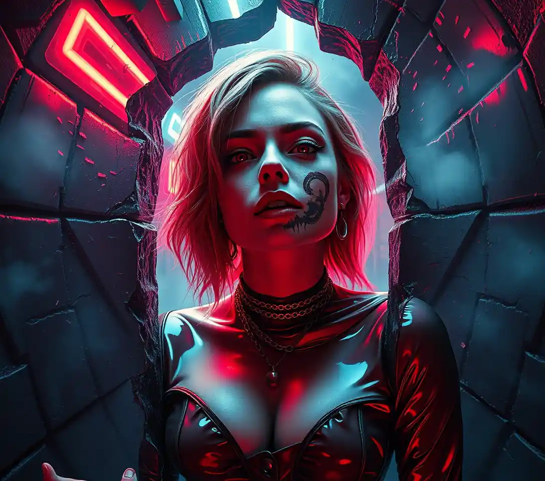 Surreal woman emerging from a fractured dimensional portal