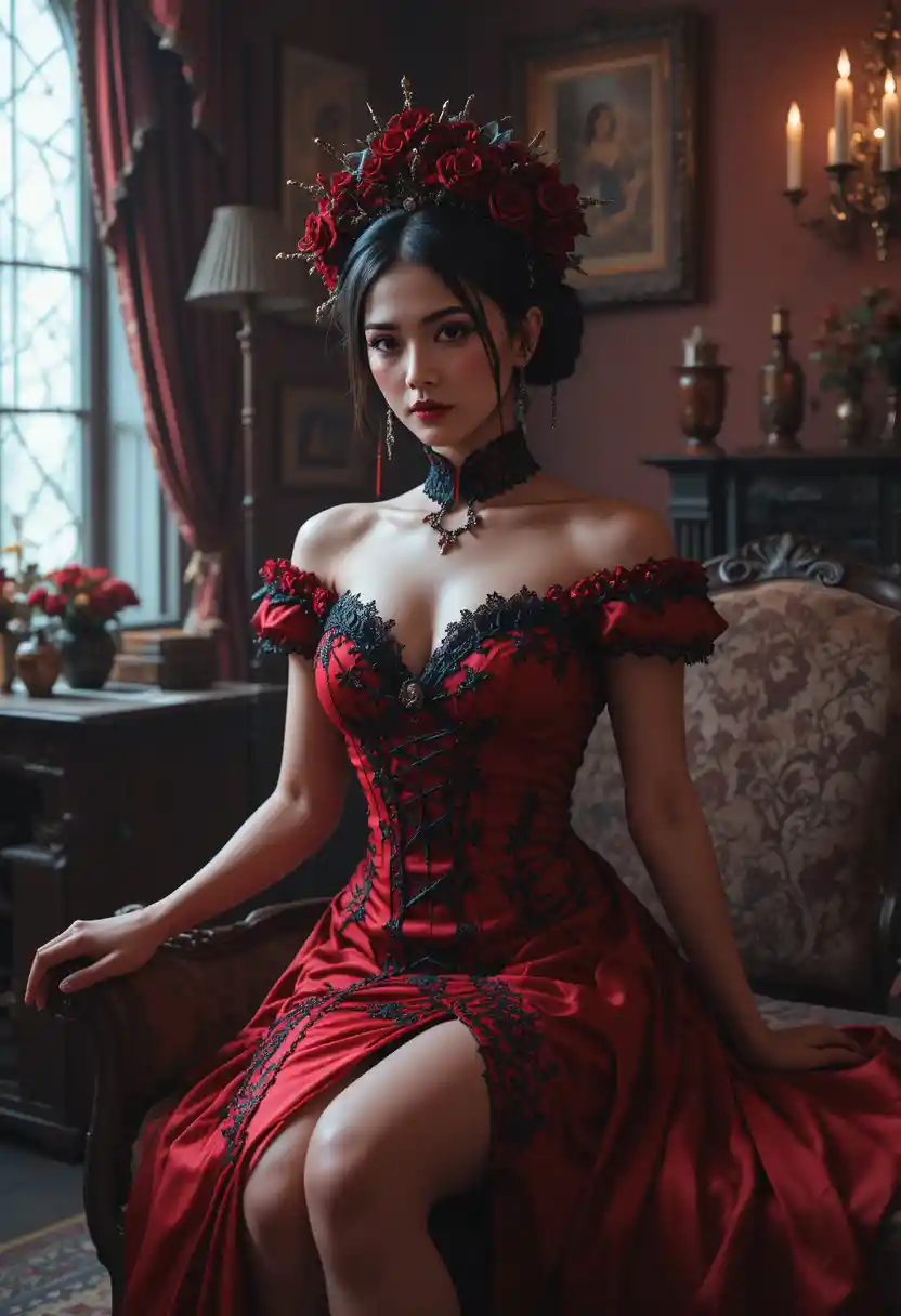 Gothic vampiress in red victorian dress in parlor room