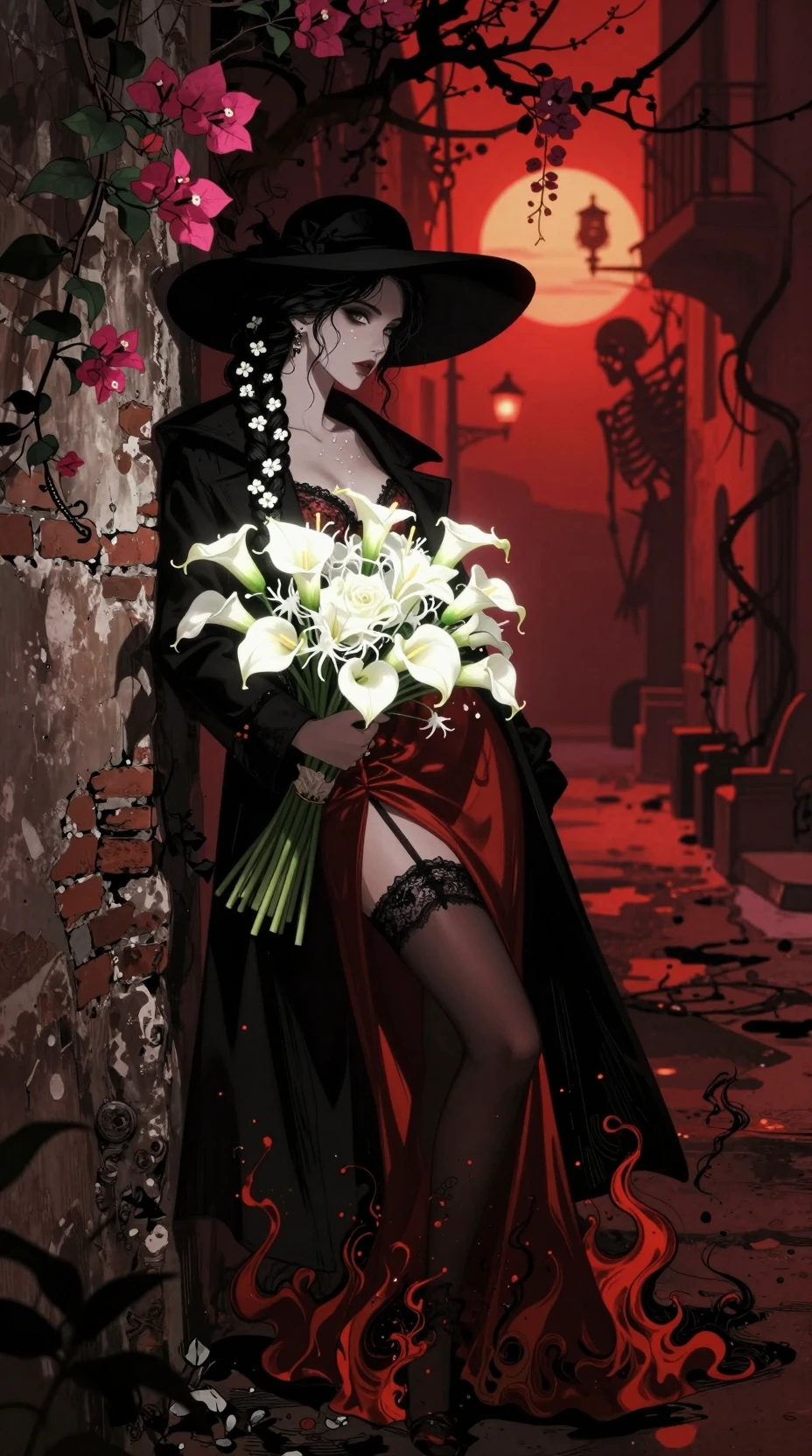 Retrato gótico estilo anime de una mujer griega en un callejón