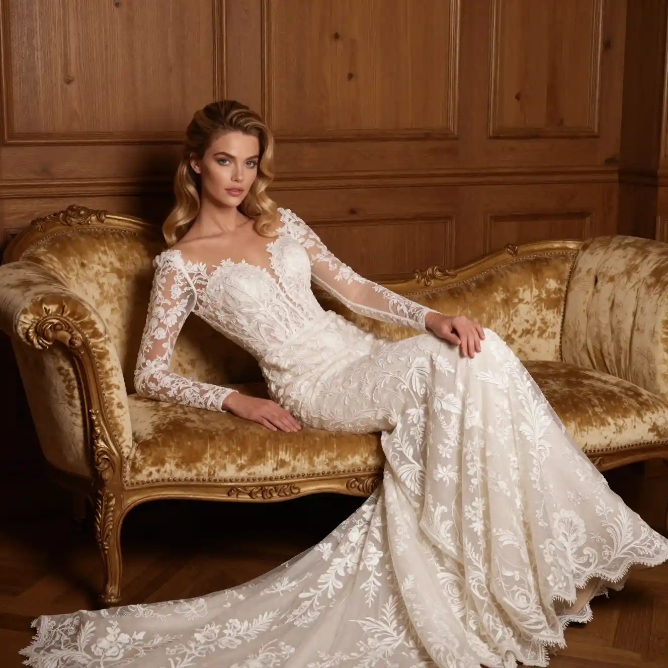 Elegant bride reclining on vintage velvet chaise longue