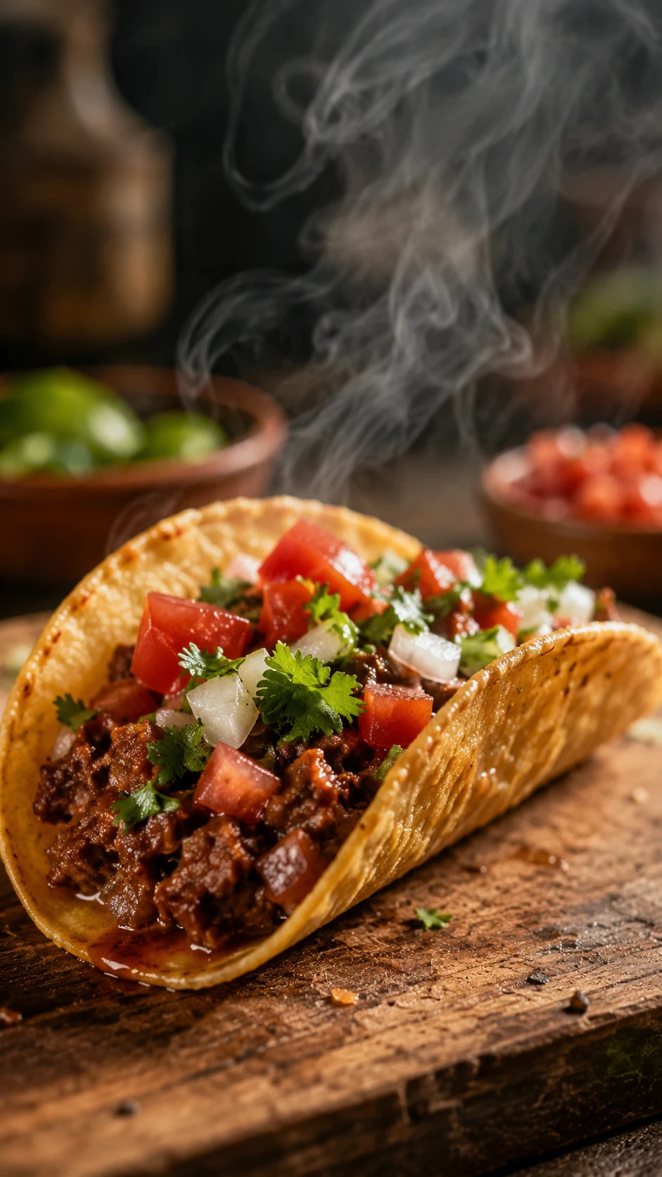 Steaming taco with fresh colorful street food ingredients