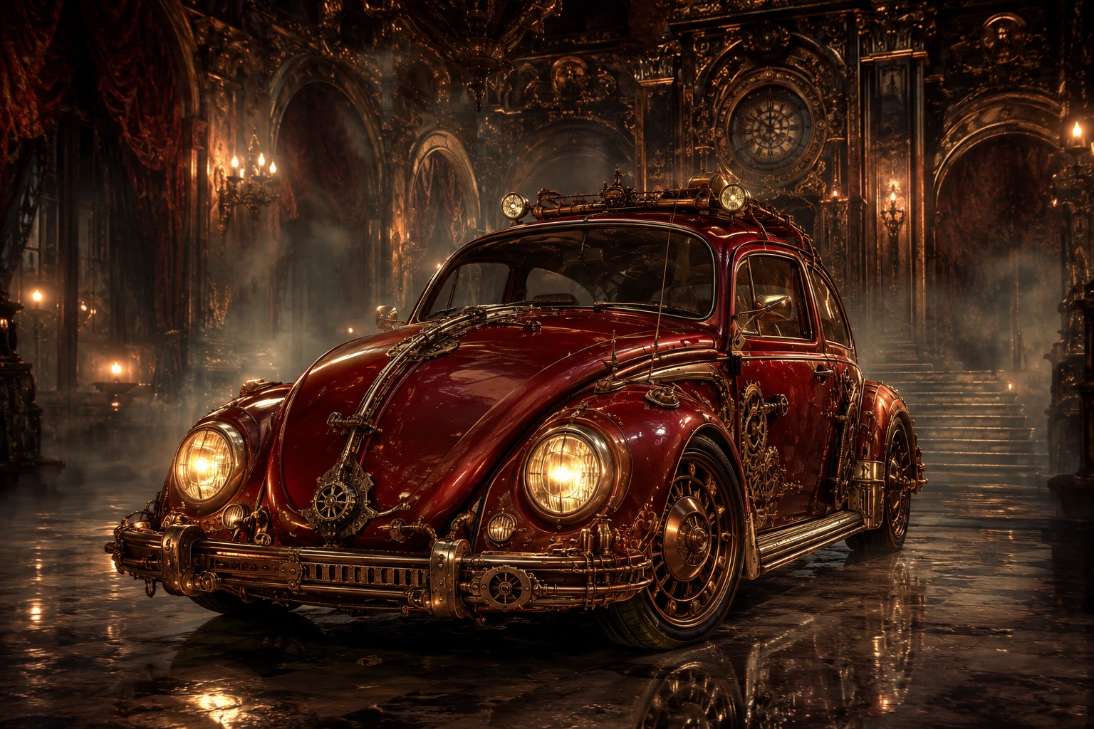 Red steampunk beetle car in a foggy opulent palace