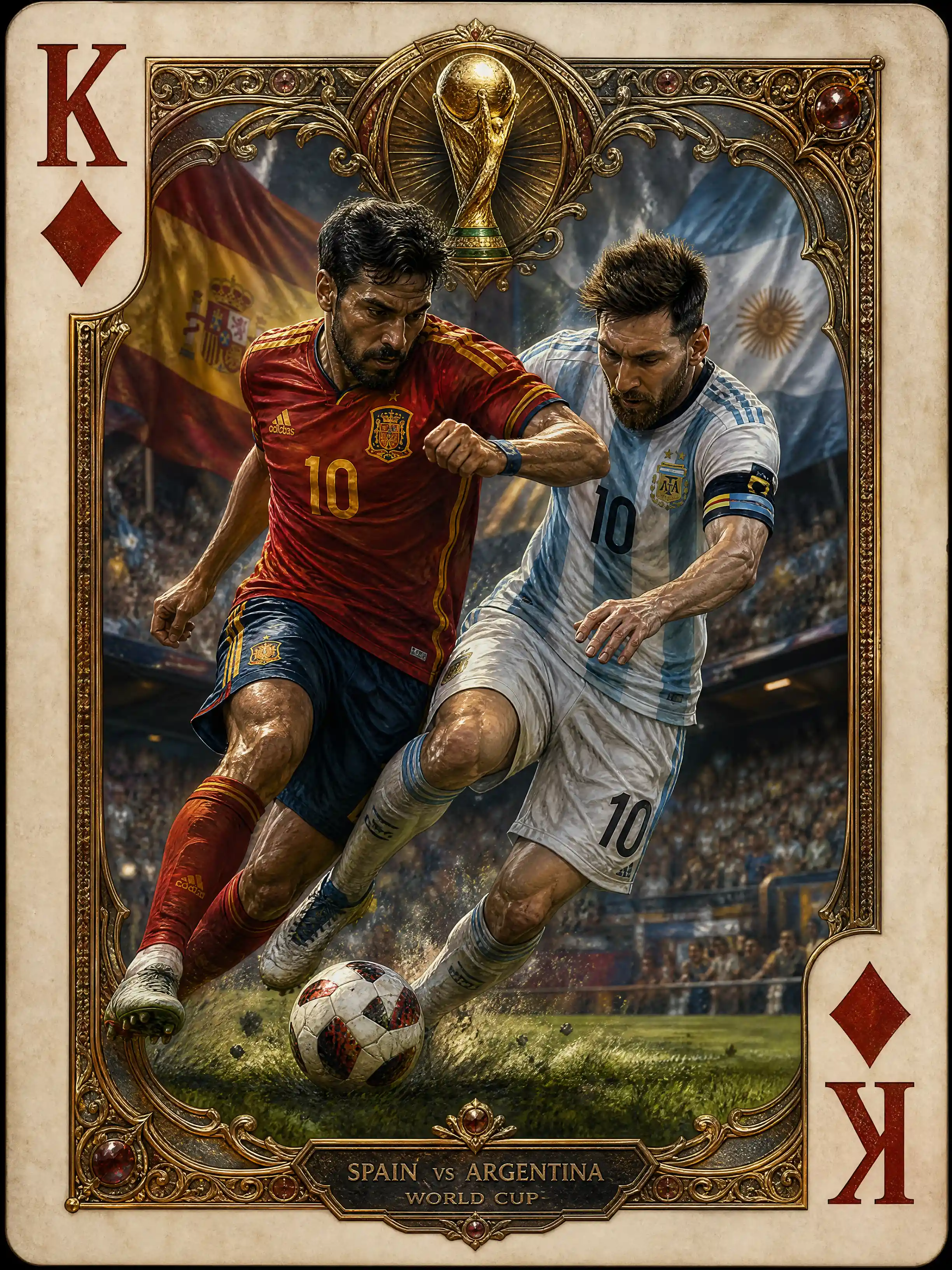 Epic soccer clash framed within king of diamonds card