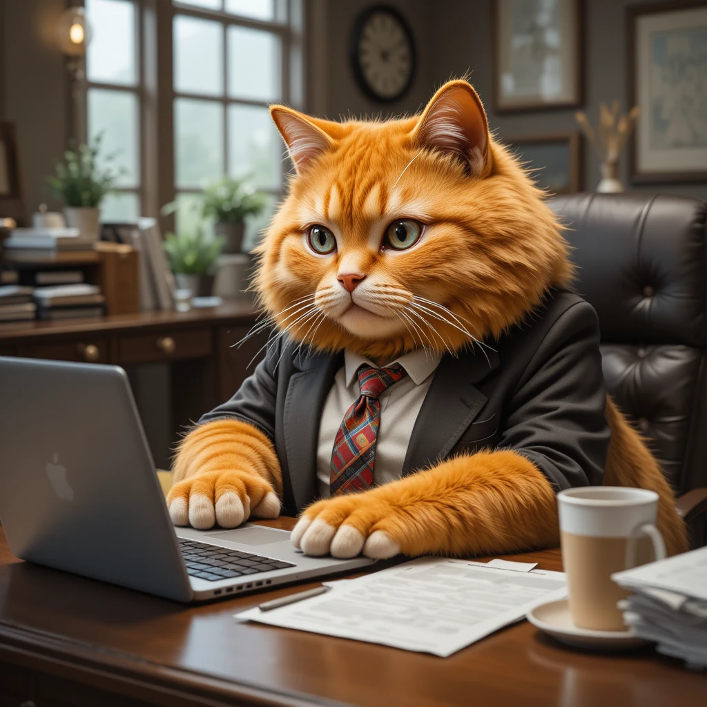 Orange business cat typing on a laptop in an office