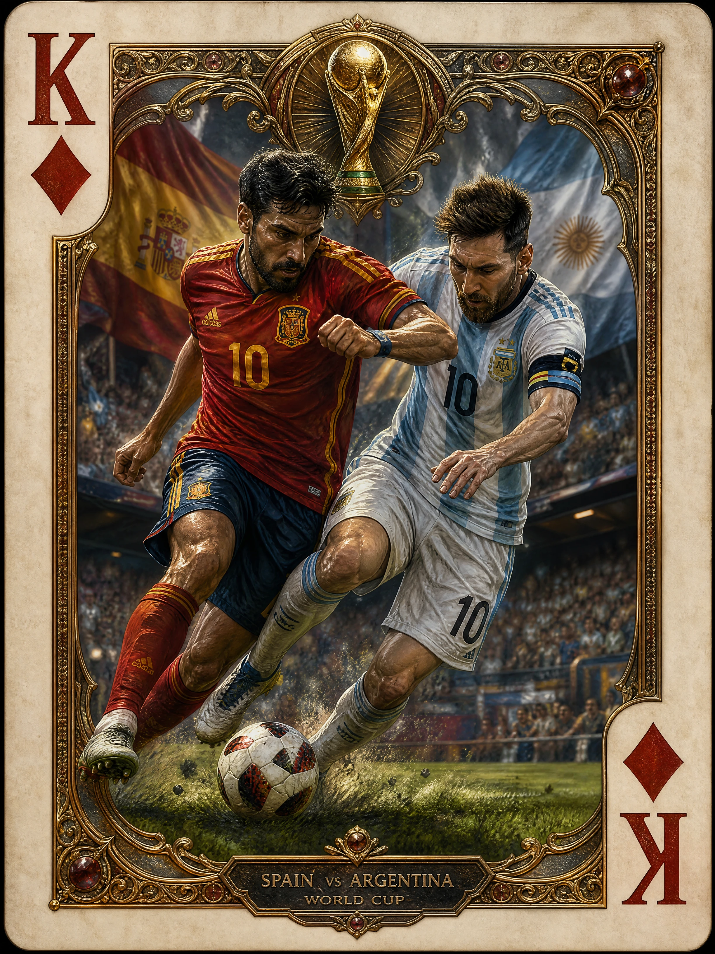 Epic soccer clash framed within king of diamonds card