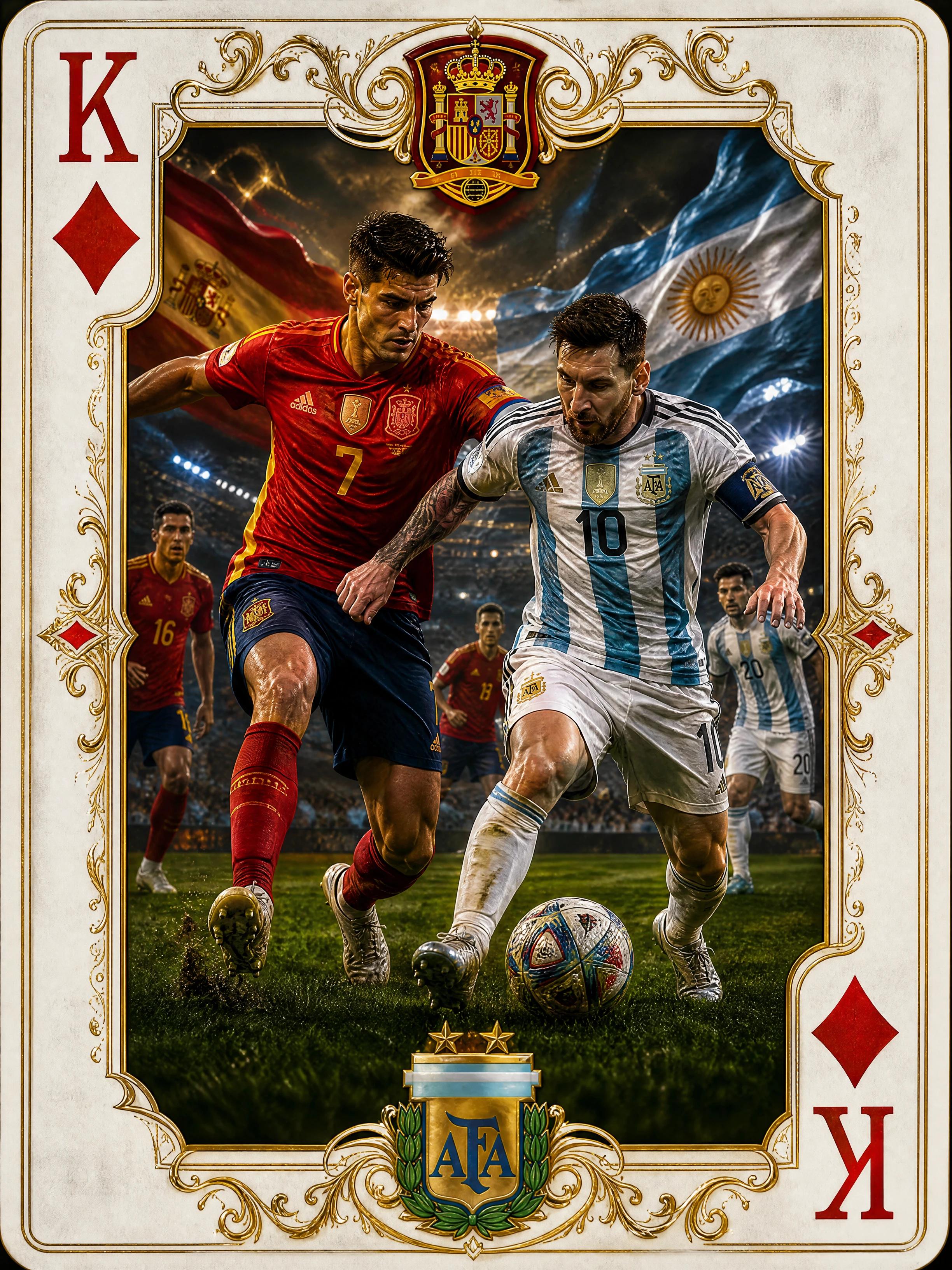 Epic soccer duel framed within king of diamonds card
