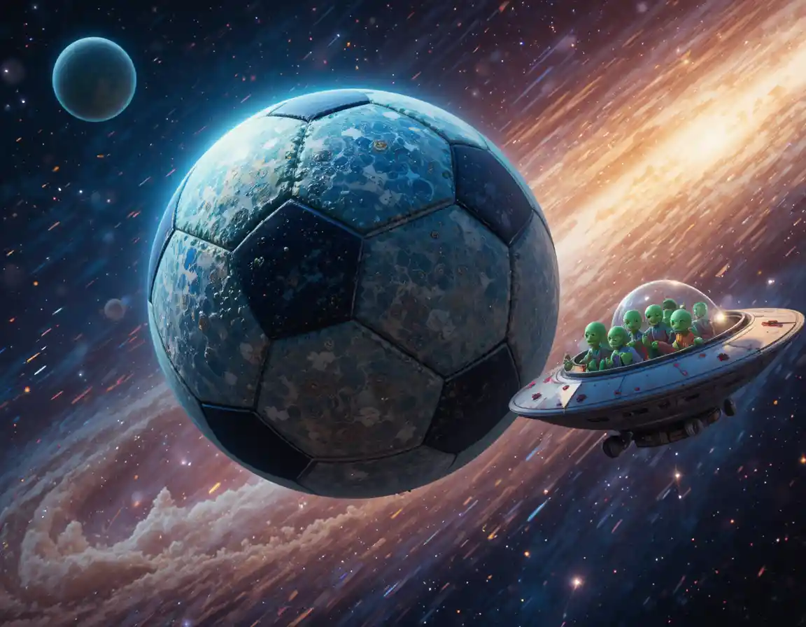 Pallone da calcio gigante che sfreccia nello spazio profondo