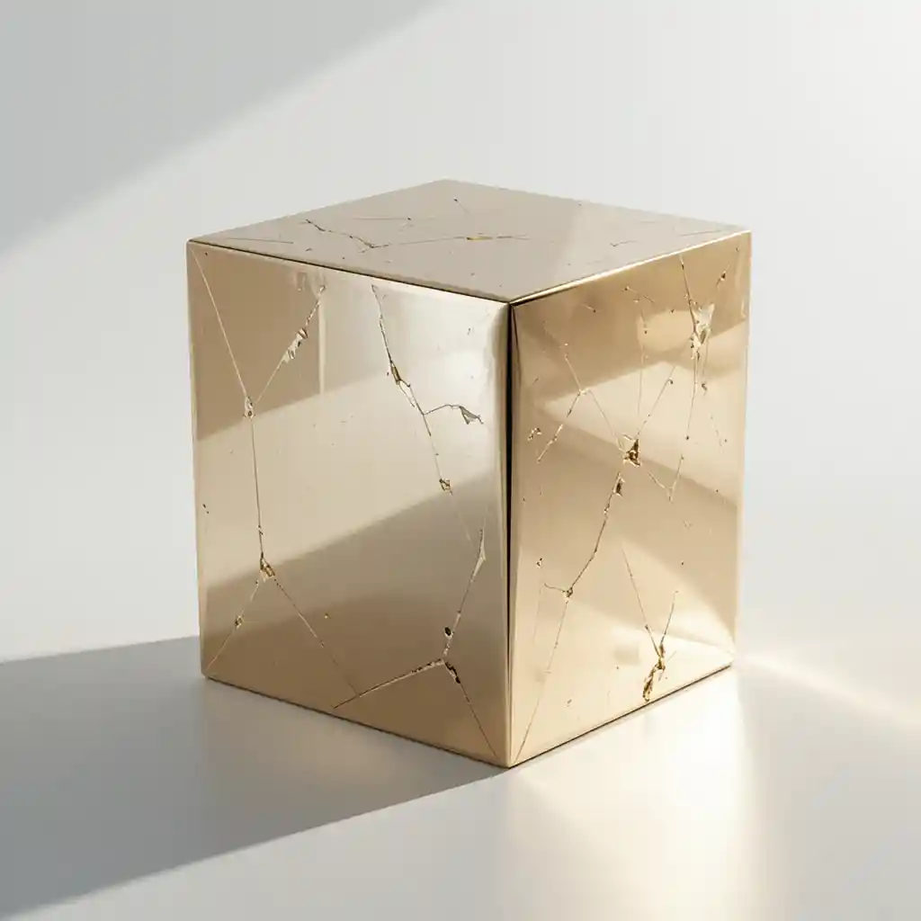 Polished metallic cube on clean white background