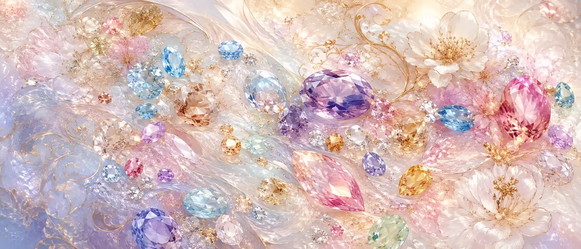 Close up of gemstones with delicate white flowers and gold