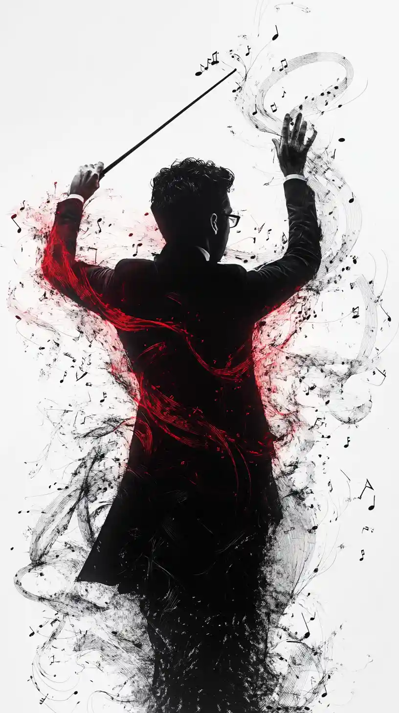 Conductor Silhouette Formed From Negative Space And Musical Notes