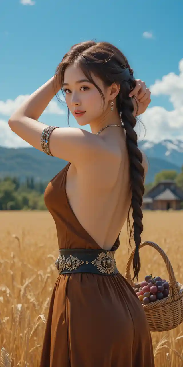 햇살 가득한 밀밭에서 갈색 원피스를 입고 미소 짓는 소녀