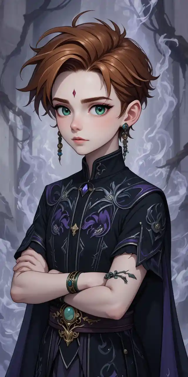 Jovem garoto de anime com magia sombria da natureza em traje de fantasia