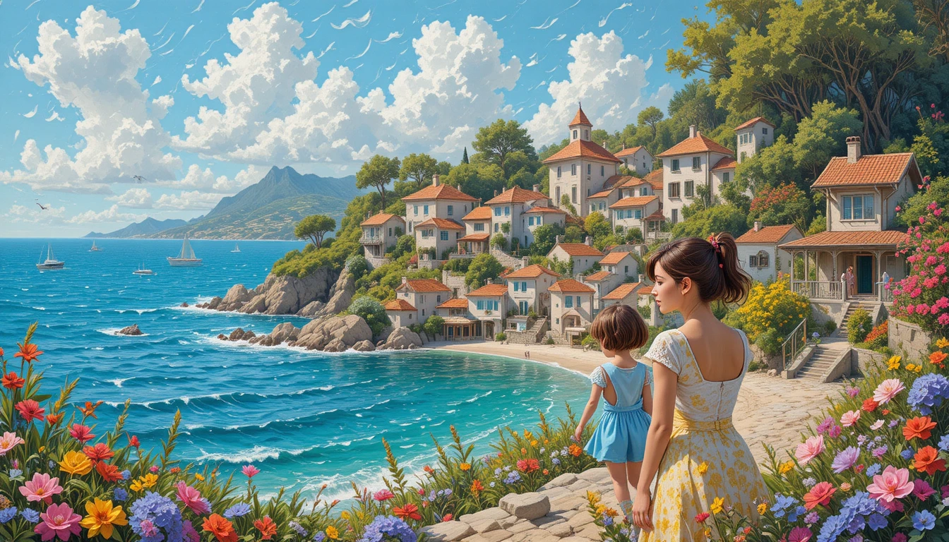 Whimsical summer portrait of a mother and children in village