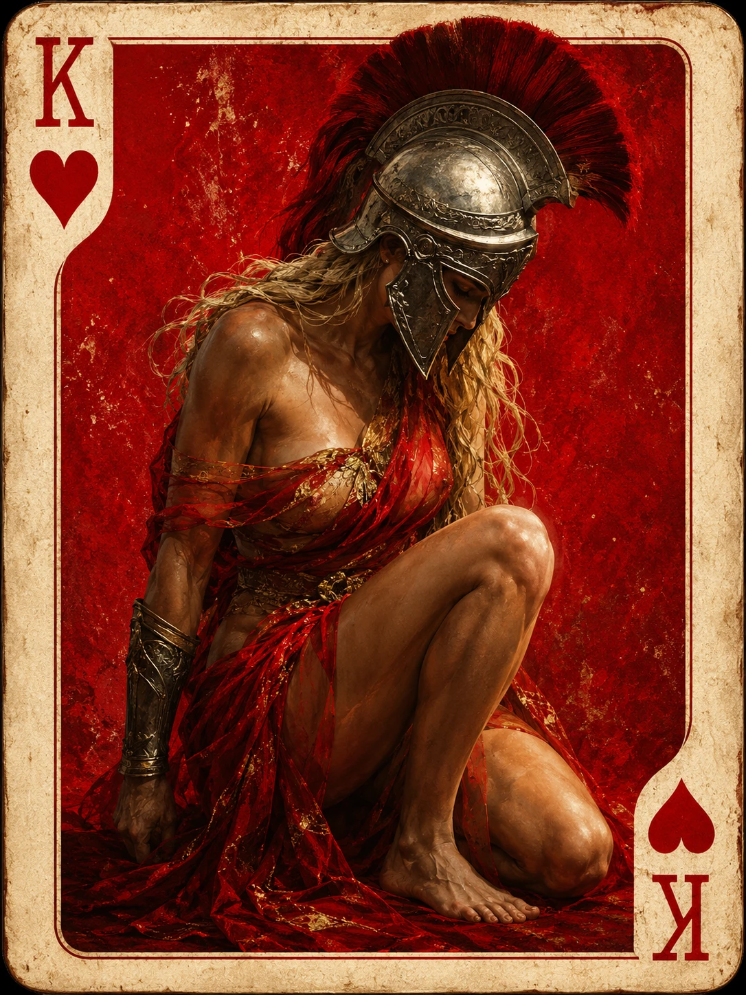 Female warrior crouching in red within king of hearts frame