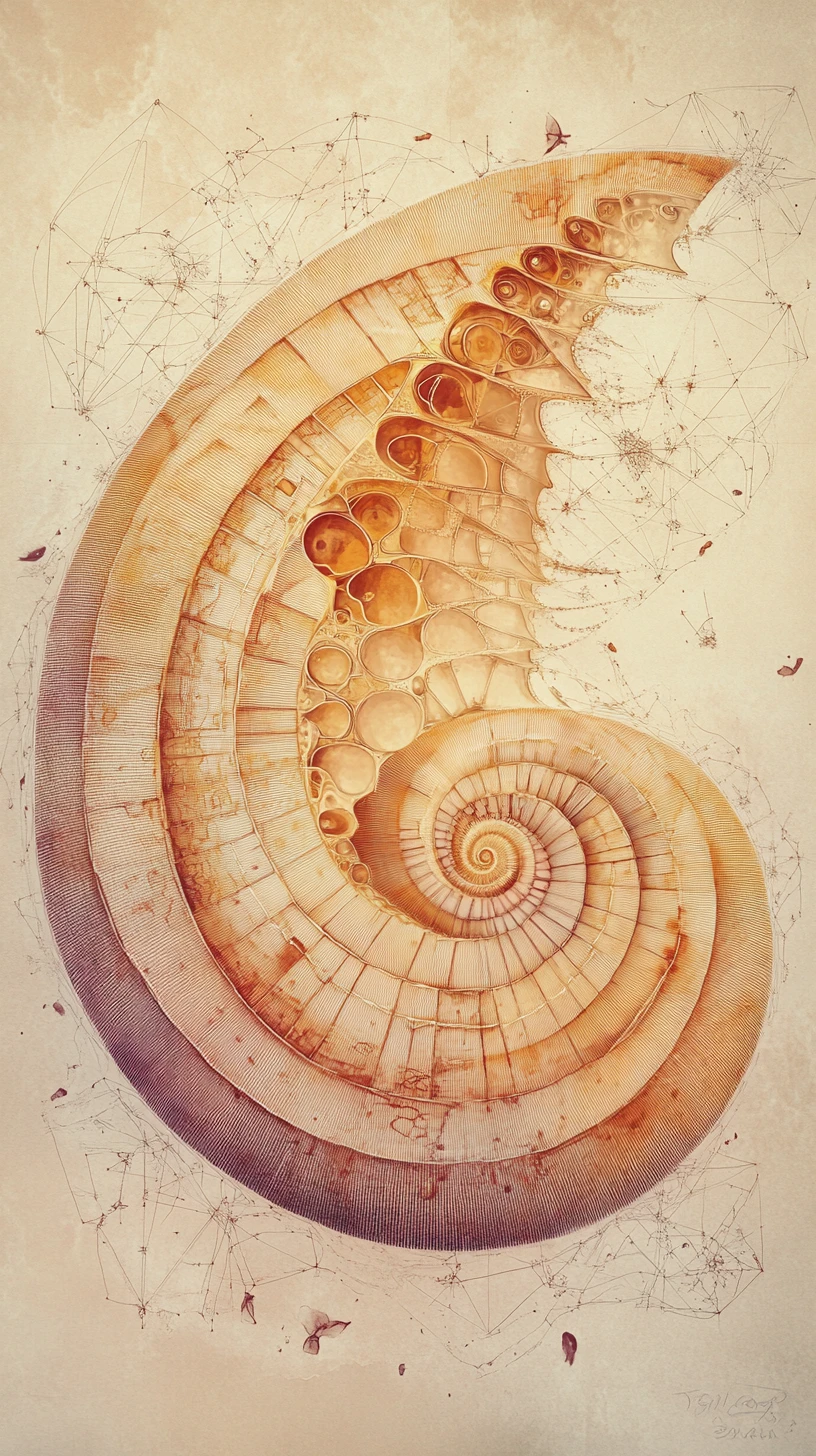 Chambered Nautilus Shell Unfolding Into Cosmic Fractal Patterns