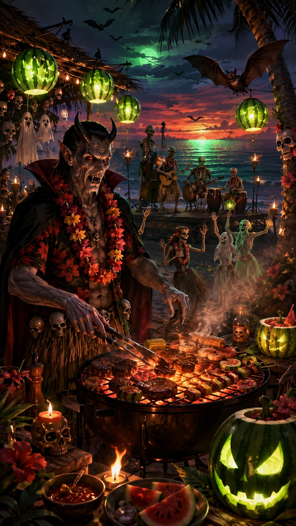 Demonic vampire grill master at a spooky beach barbecue