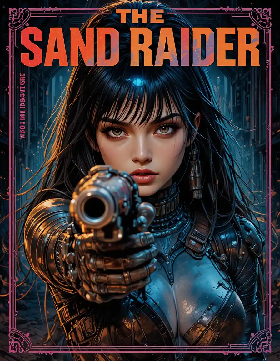 Android girl aiming a submachine gun on novel cover