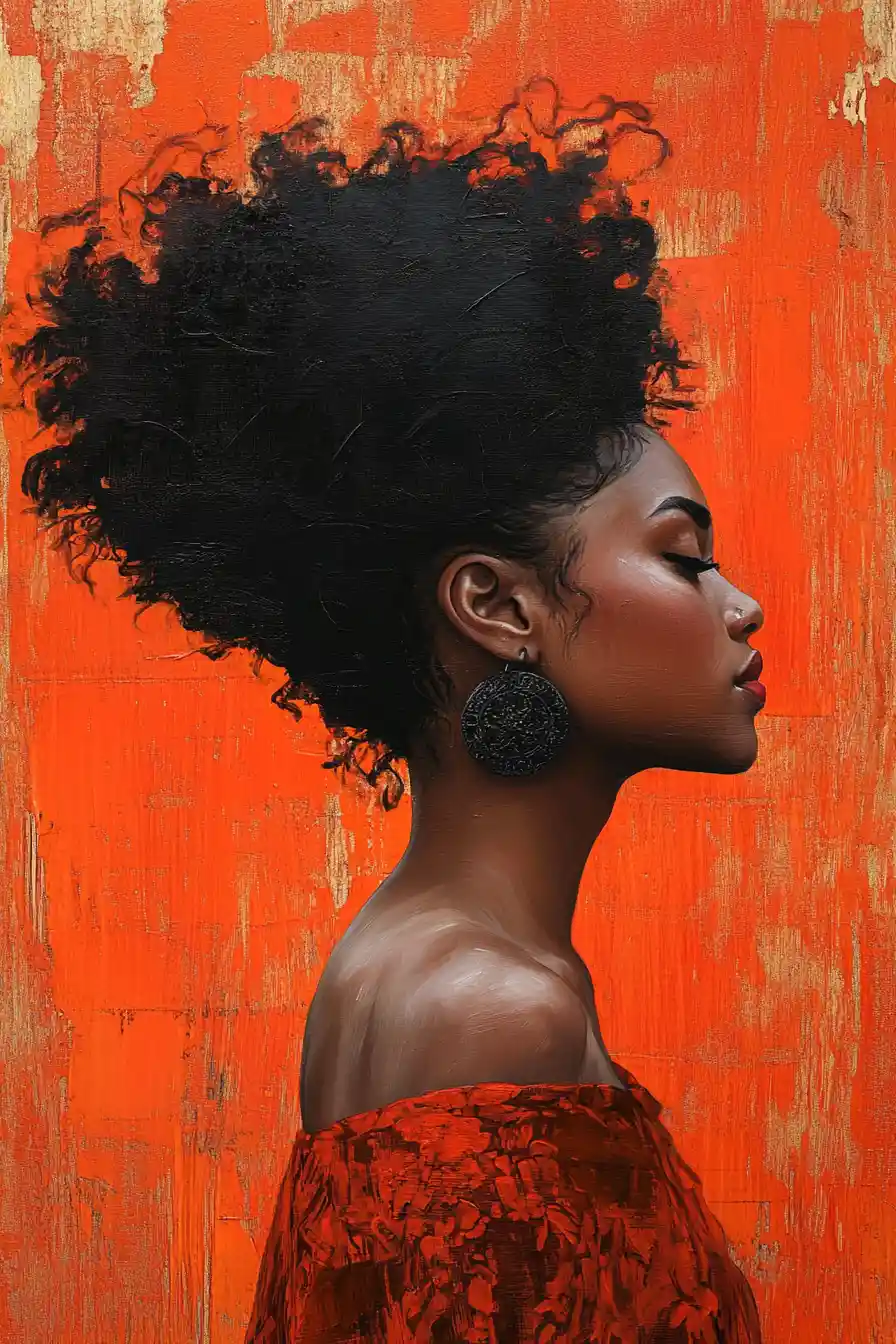 Charcoal profile portrait of a black woman with orange drape