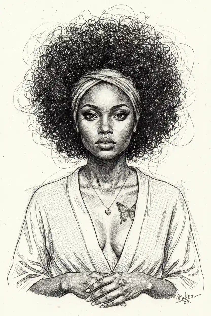 Textured graphite portrait of a black woman facing forward