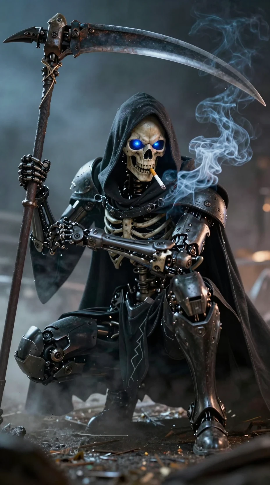 Mechanical grim reaper squatting with scythe and cigarette