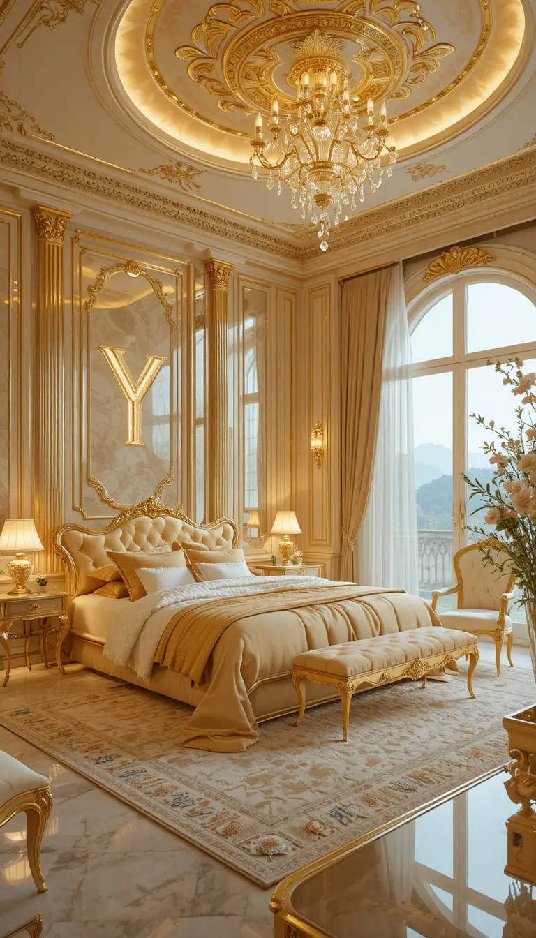 Golden crystal bedroom with luxury furniture and fireplace