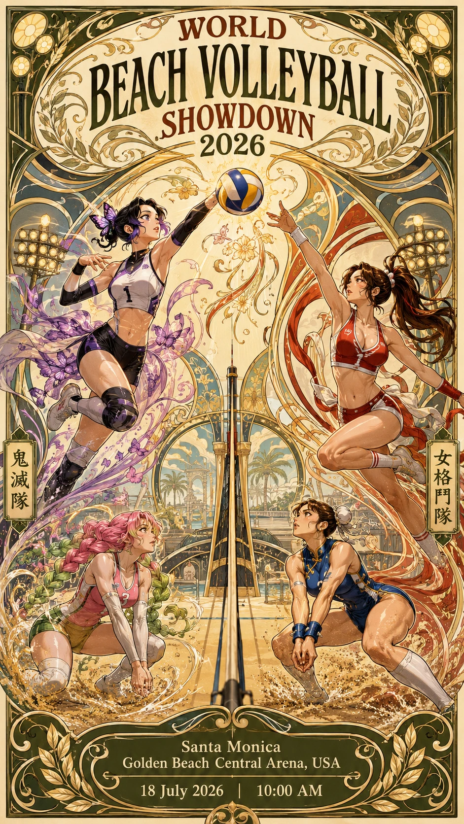 Duelo de voleibol de playa art nouveau en arena dorada