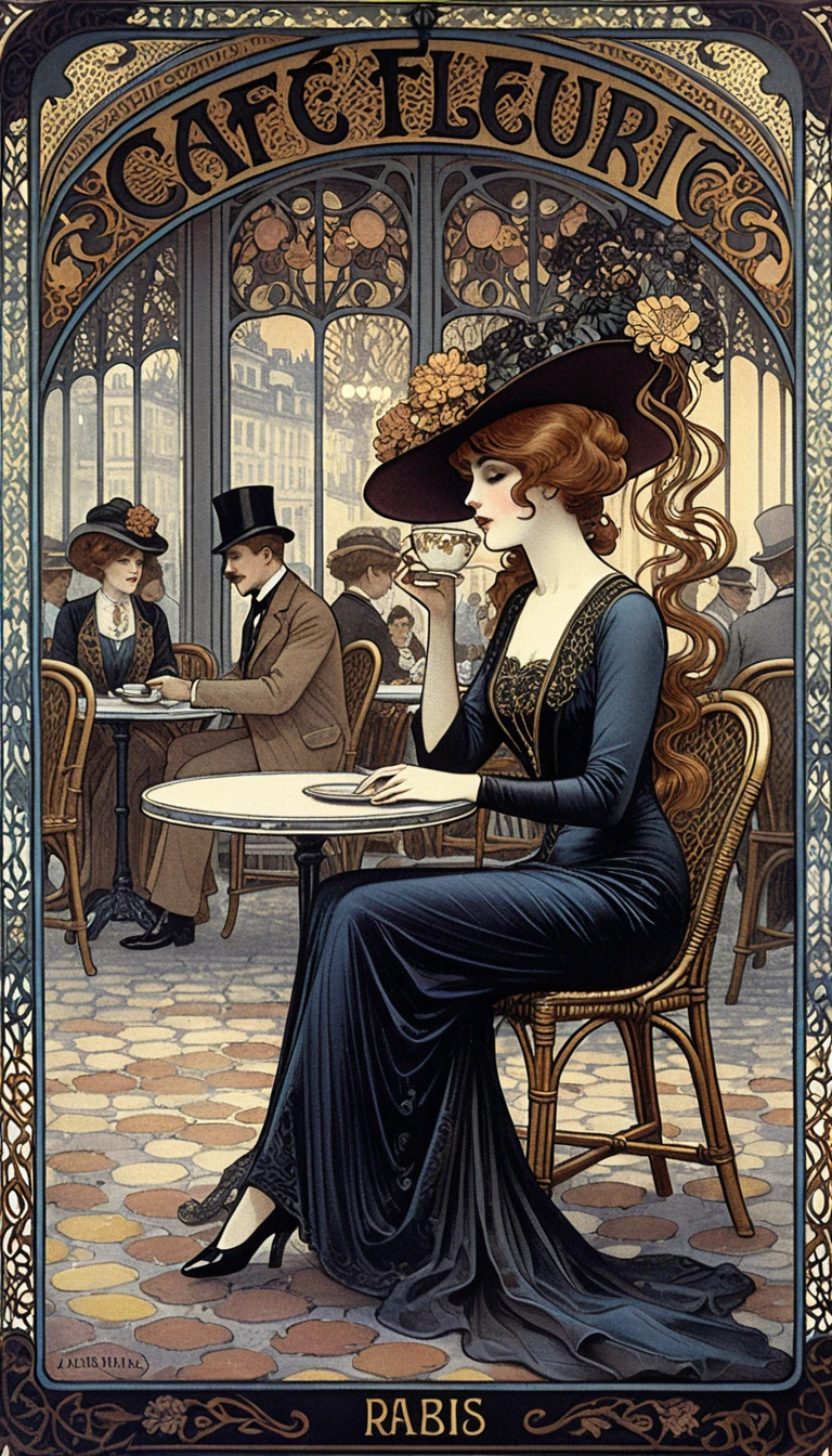 Elegant woman in black gown at Parisian street cafe