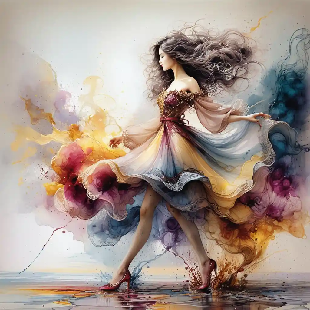 Elegante donna che cammina con ombrello colorato a inchiostro e acquerello