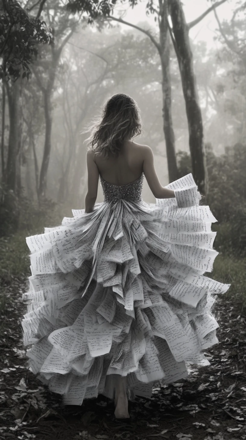 Woman In Gown Of Letters Walking Through Misty Forest