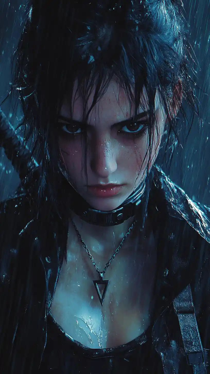 Melancholic warrior woman in the rain with sword