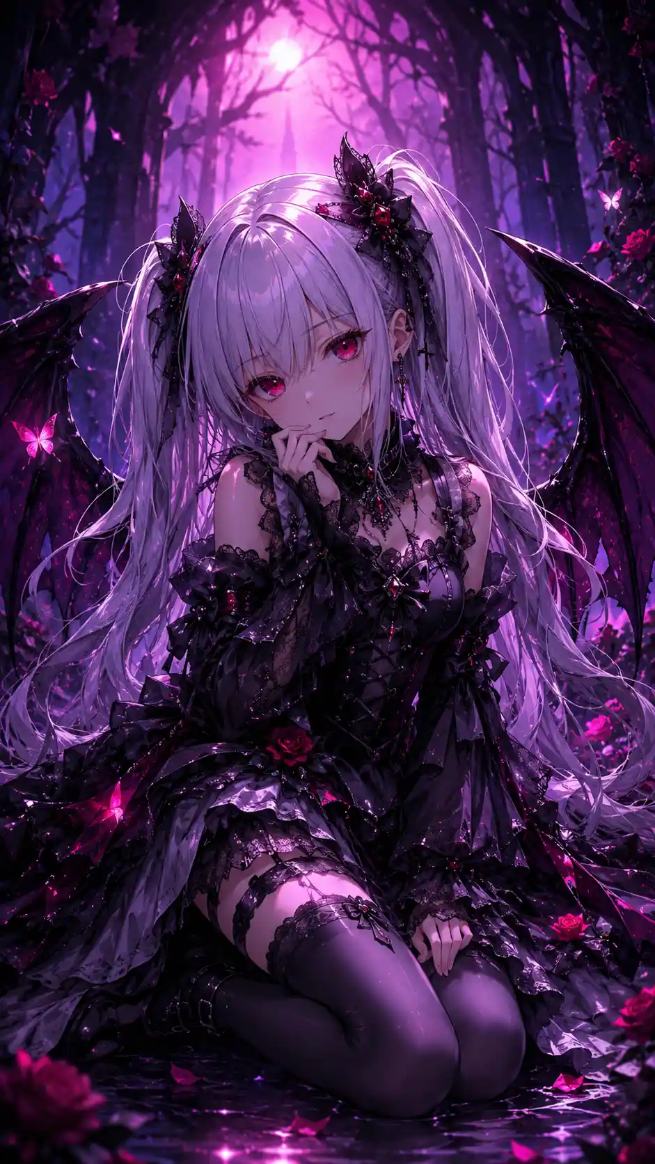 Gothic anime girl with demon wings in dark forest