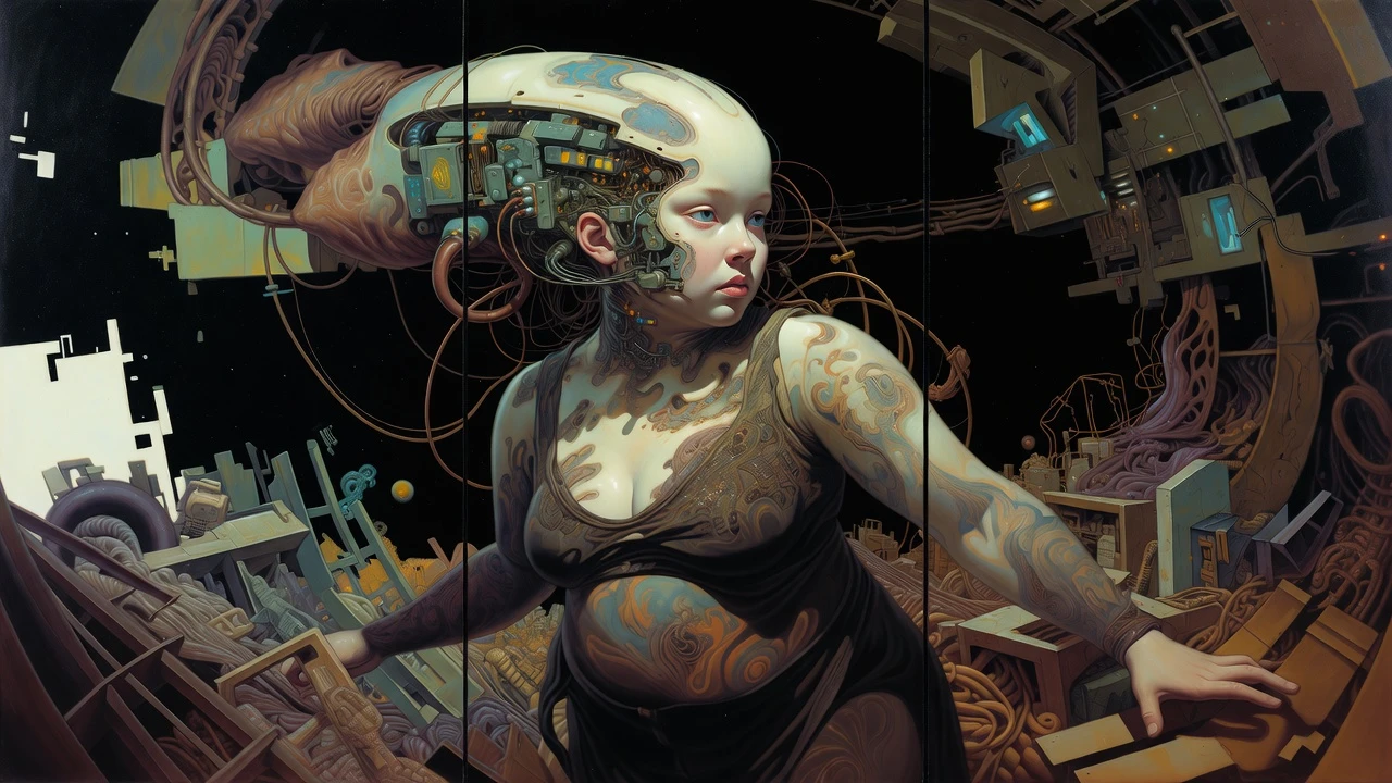 Cyborg woman exploring dark corridors of an ancient starship