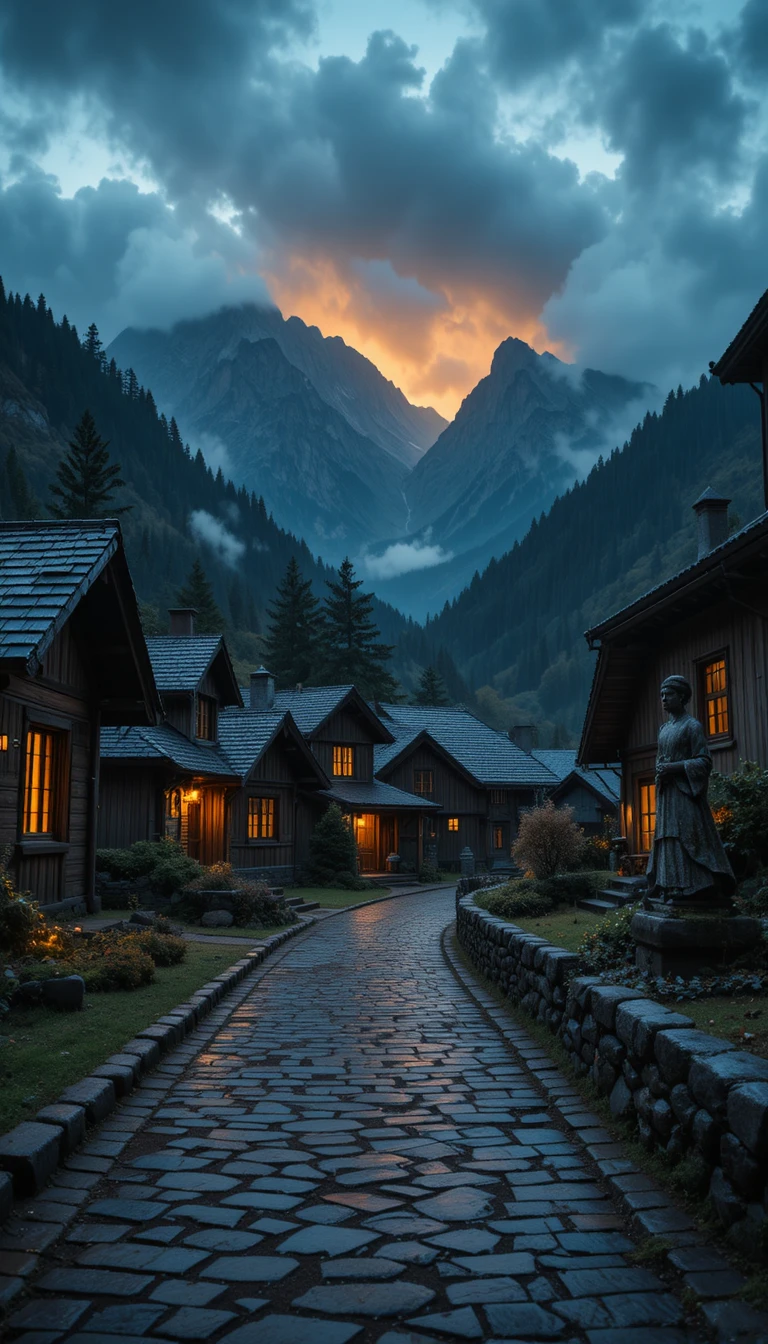 Cozy mountain village path at twilight in the rain