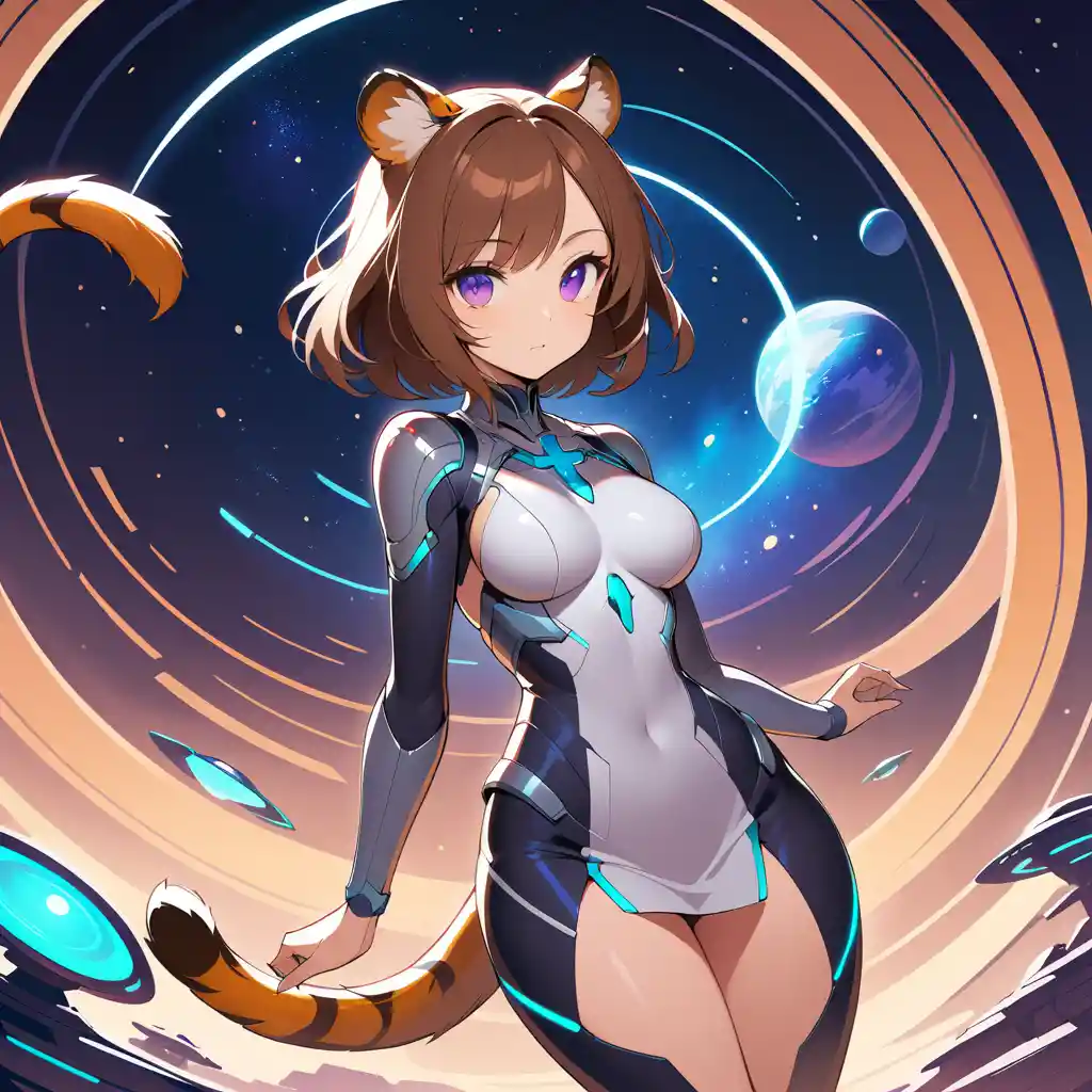 Curvy fantasy woman with tiger ears tail and violet eyes