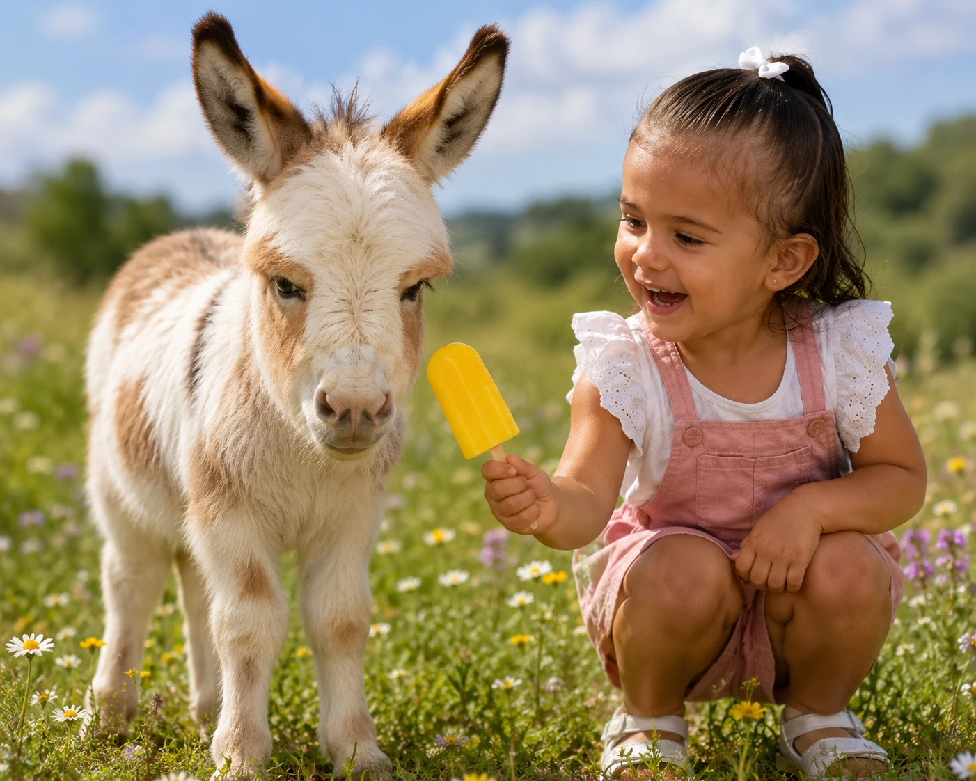 Niña pequeña molestando a un burro gruñón con helado