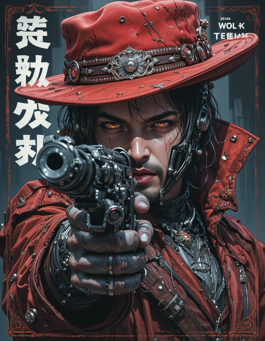 Retro cyborg vampire aiming a gun on light novel cover
