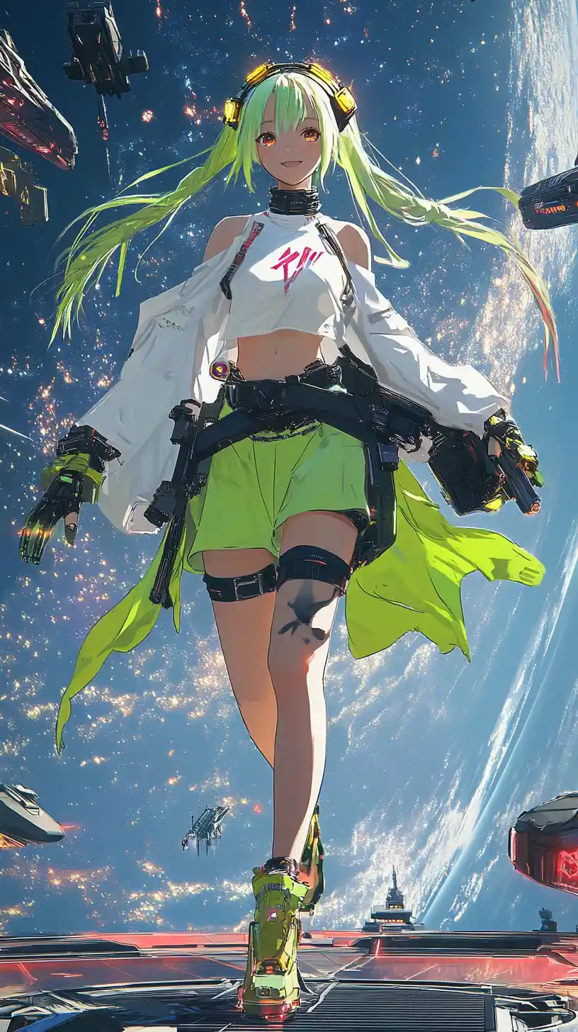 Anime girl walking on a floating space platform
