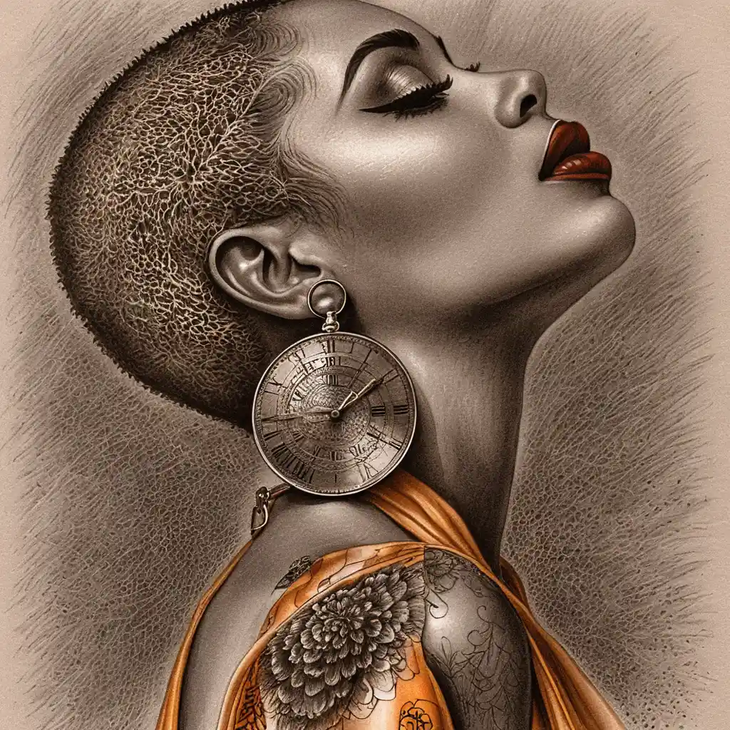 Profile portrait of shaved head woman with red lips
