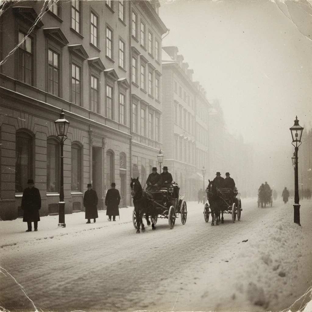 Snowy Stockholm street with horse drawn carriages in 1918