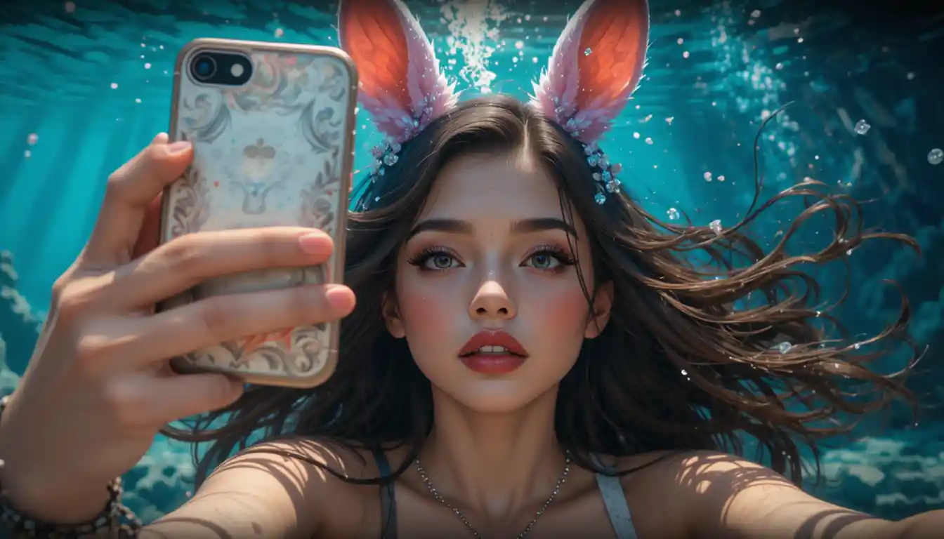 Giovane donna in costume da coniglio che si scatta un selfie giocoso