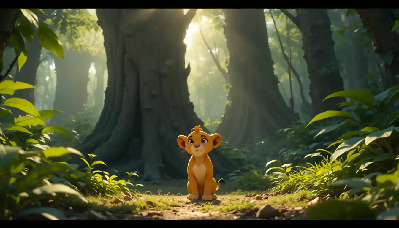 Lonely lion cub in a sunlit jungle clearing