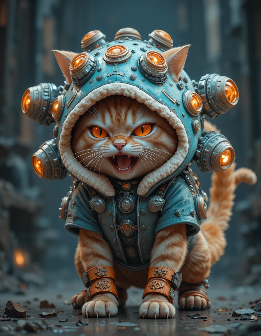 Fierce anime tabby cat in cyan techwear hood