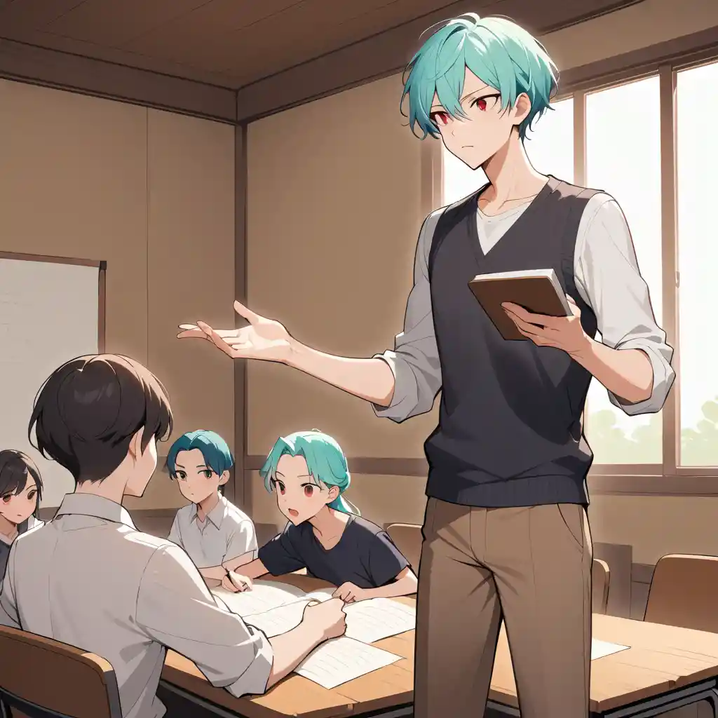 Cyan haired male teacher leading a history classroom lesson