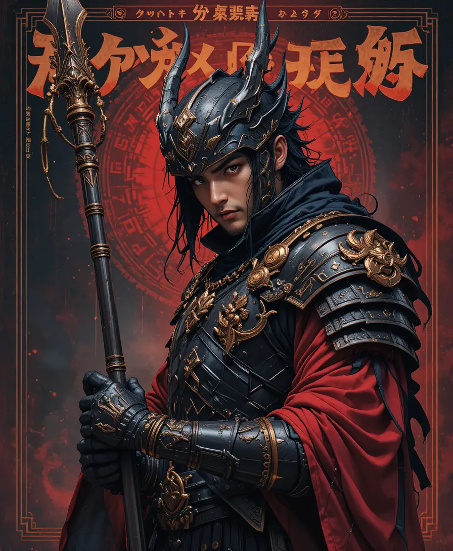 Cavaliere drago dark fantasy con lancia in un ritratto drammatico